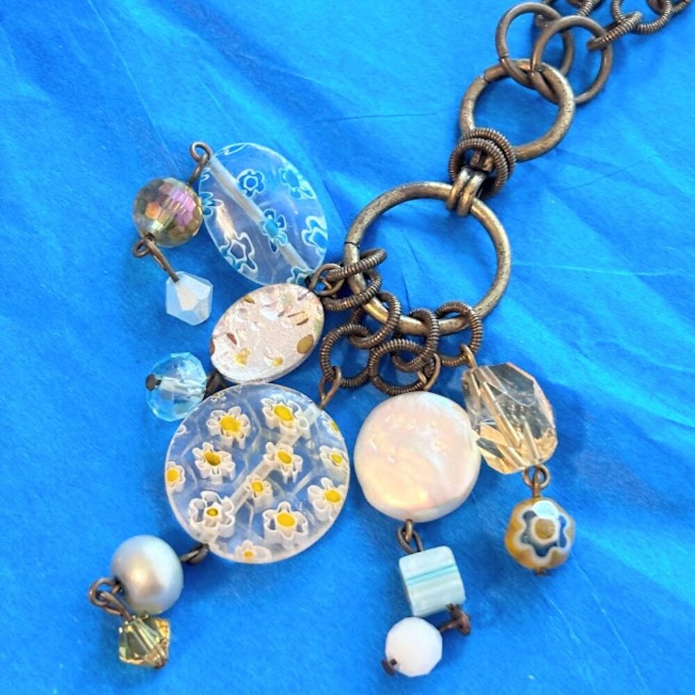 Y2K Gunmetal Chain Necklace - Resin Millefiori Flower Beads - Boho Whimsigoth